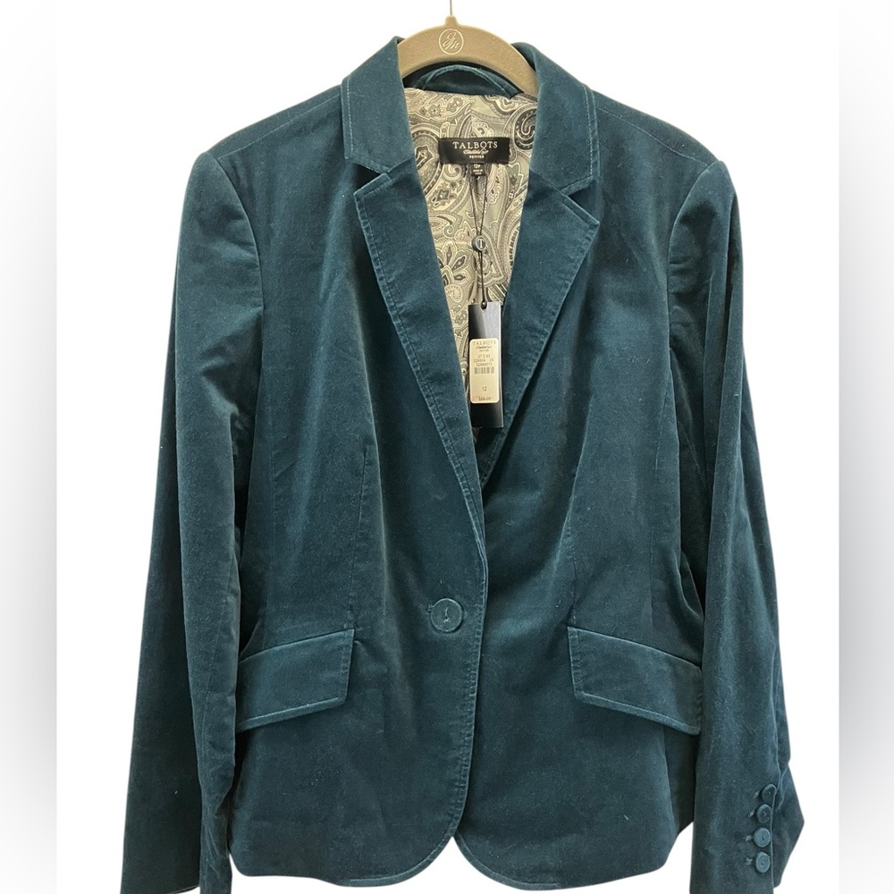 Talbots Cotton Velvet Velour One-Button Single Breasted Blazer sz 12P Dark Teal